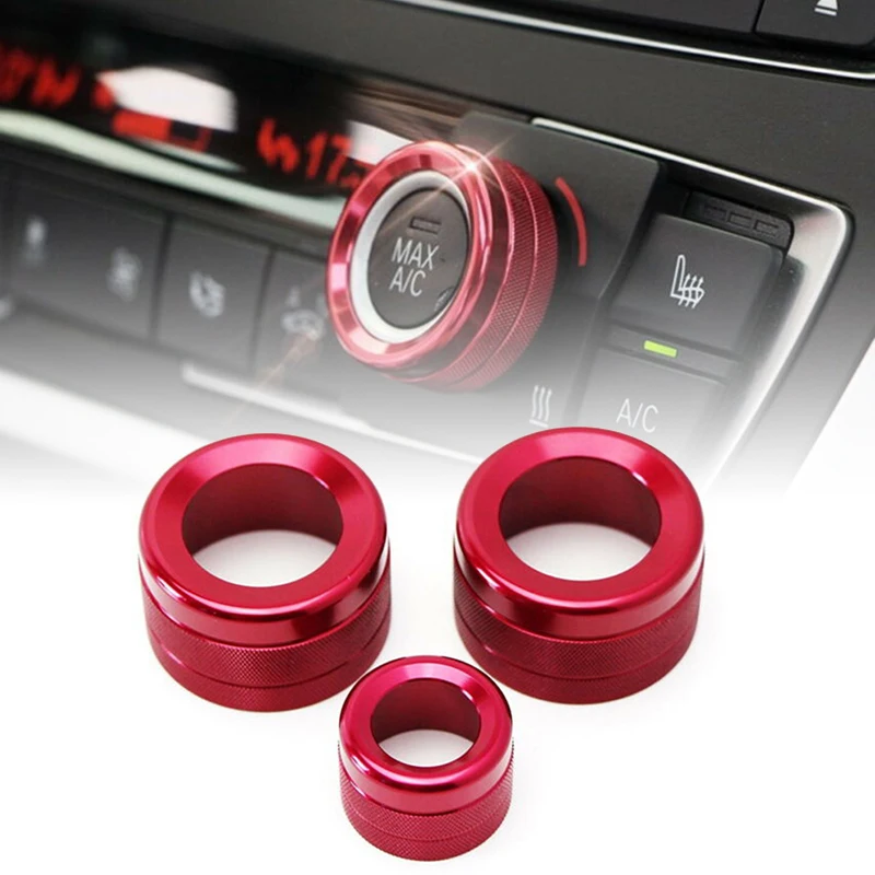 

3pcs car AC Knob Decorative Cover red Alloy center Climate Control Radio Volume Knob Ring Covers For BMW 5 6 7 Series