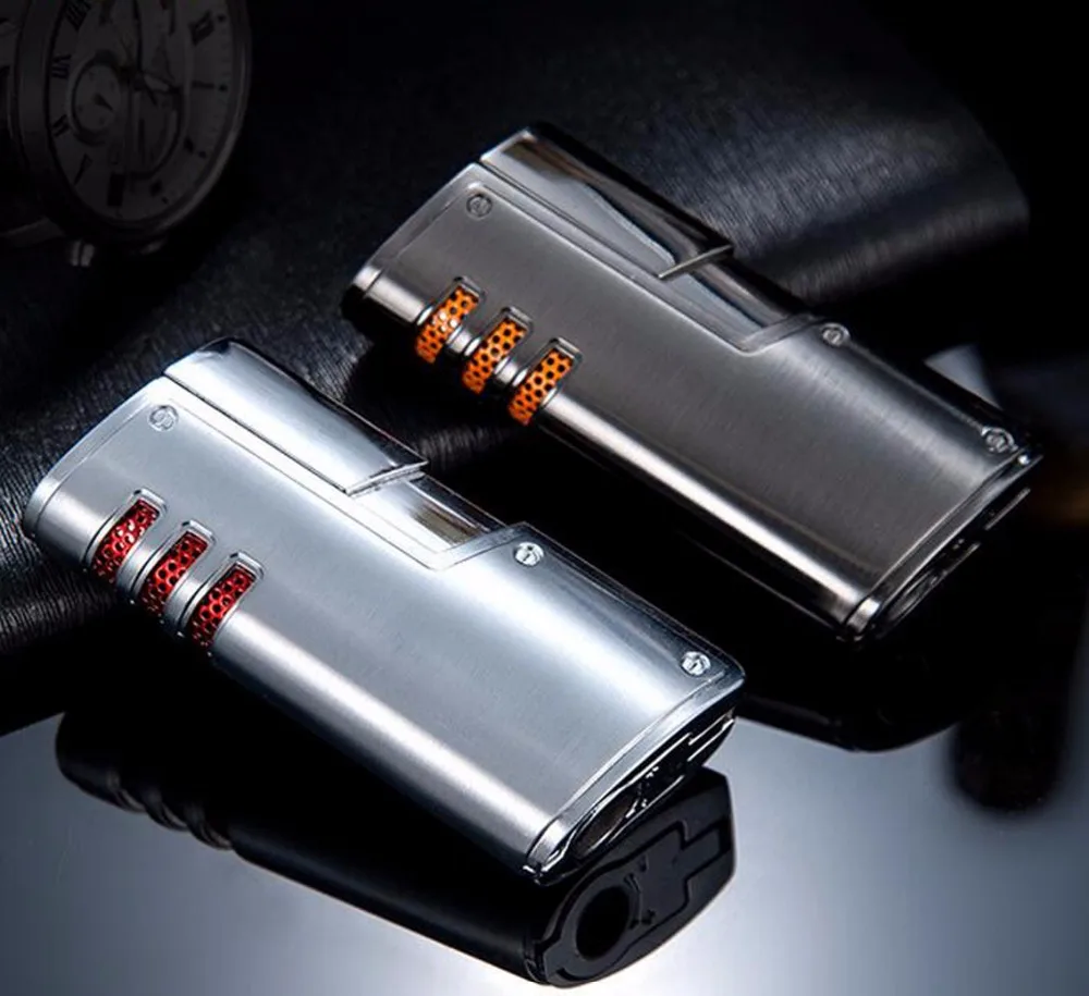 Gridding Stripes Style Turbo Lighter Pocket Butane Gas Windproof Triple