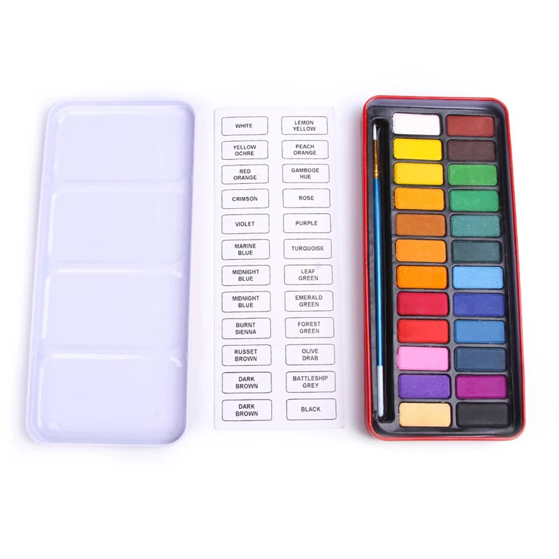 

24 Colors Portable Solid Watercolor Paints Set With Paint Brush Iron Box For Drawing Painting Stationary Set