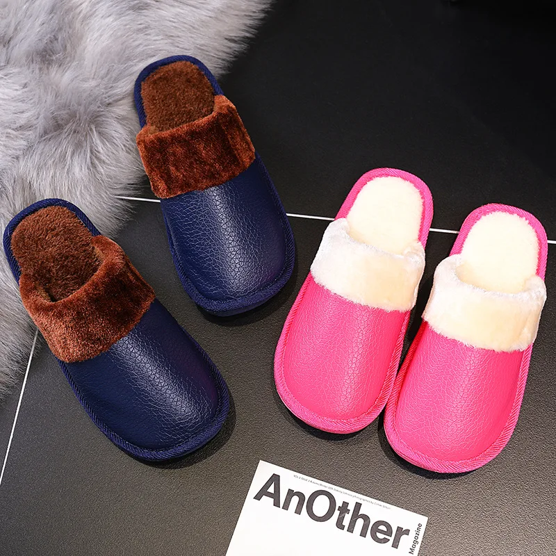 

2018 Women$Men Indoor Floor Shoes Female Warm Home Slippers PU Leather House Slippers For Women Shoes pantufas de pelucia adulto