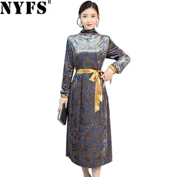 

NYFS 2020 New Autumn Winter Women Dress Vintage Loose Printing Silk velvet Long Dress Vestidos Robe Dresses M-3XL