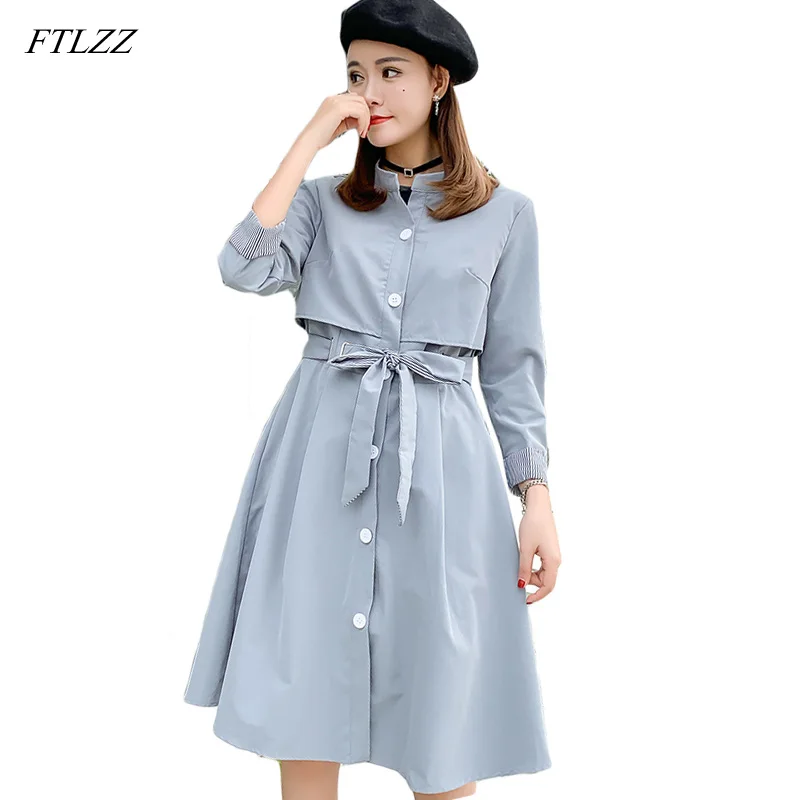 FTLZZ, новинка, тонкий длинный Тренч, пальто для женщин, в полоску, с длинным рукавом, с поясом, ветровка, пальто, осень, весна, повседневная женская верхняя одежда