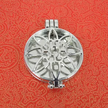 

33x45mm Rhodium tone Plated Metal Round Filigree Flower Essential Oil Aromatherapy Diffuser photo Locket Pendant Bulk Wholesale