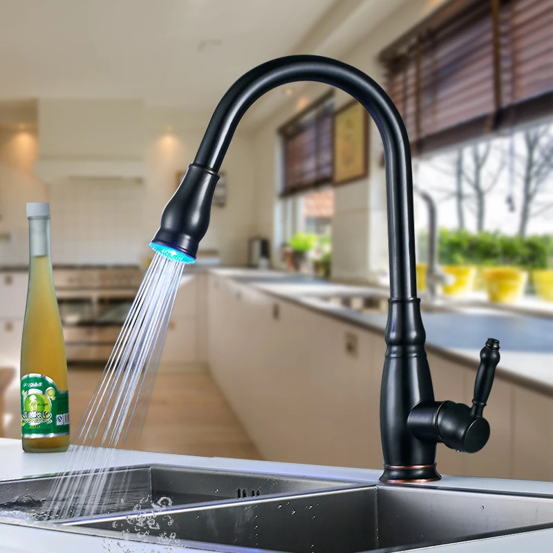 

Uythner Deck Mount Pull Out LED light Black Blackened/Chrome 3 color Kitchen Faucet Swivel Spout Sink Mixer Tap Single Handle
