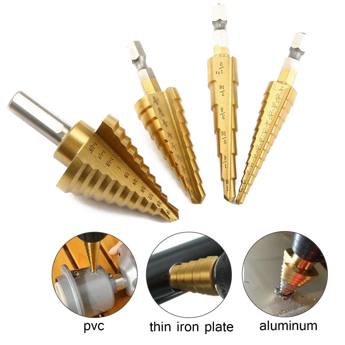 

4pcs HSS Titanium Coating Step Drills, Step Drills