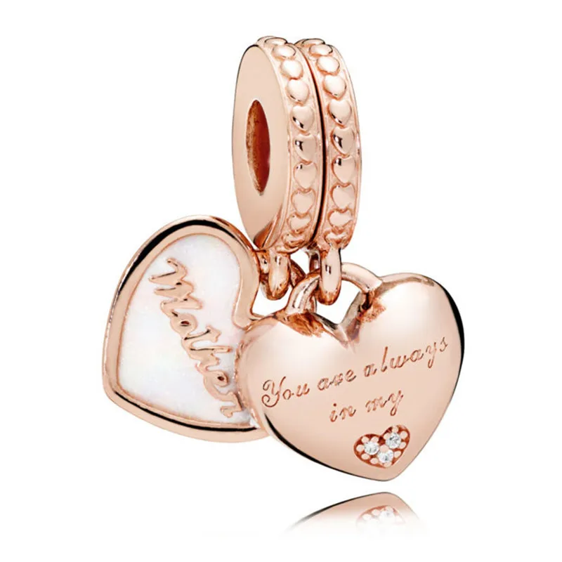 

925 Silver Pendant Bead Rose Gold Mother and Daughter Hearts Hanging Charm Fit Original Pandora Bracelet Bangle DIY Jewelry Gift
