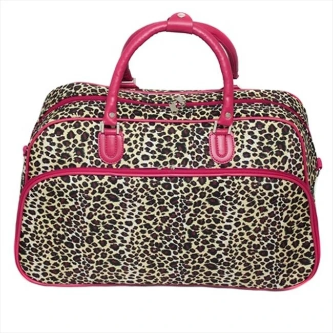 All-Seasons 812014-168-F 21 in. Leopard Print Carry-On Shoulder Tote Duffel Bag Pink Trim