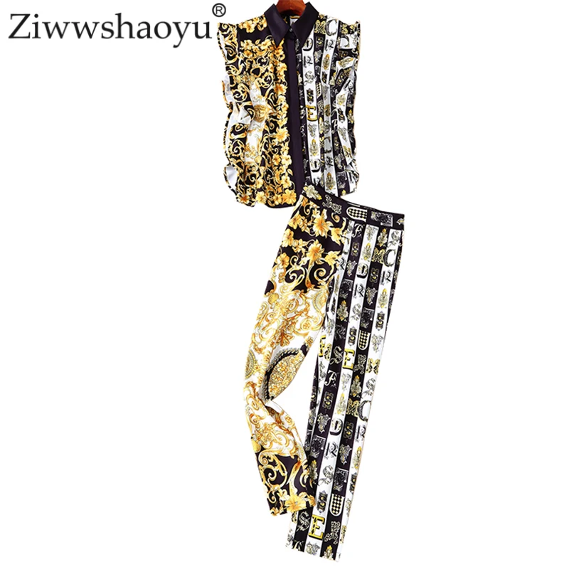 

Ziwwshaoyu Fashion Print Set Turn-down Collar Ruffles top + Slim Full Length Set Spring and summer new women