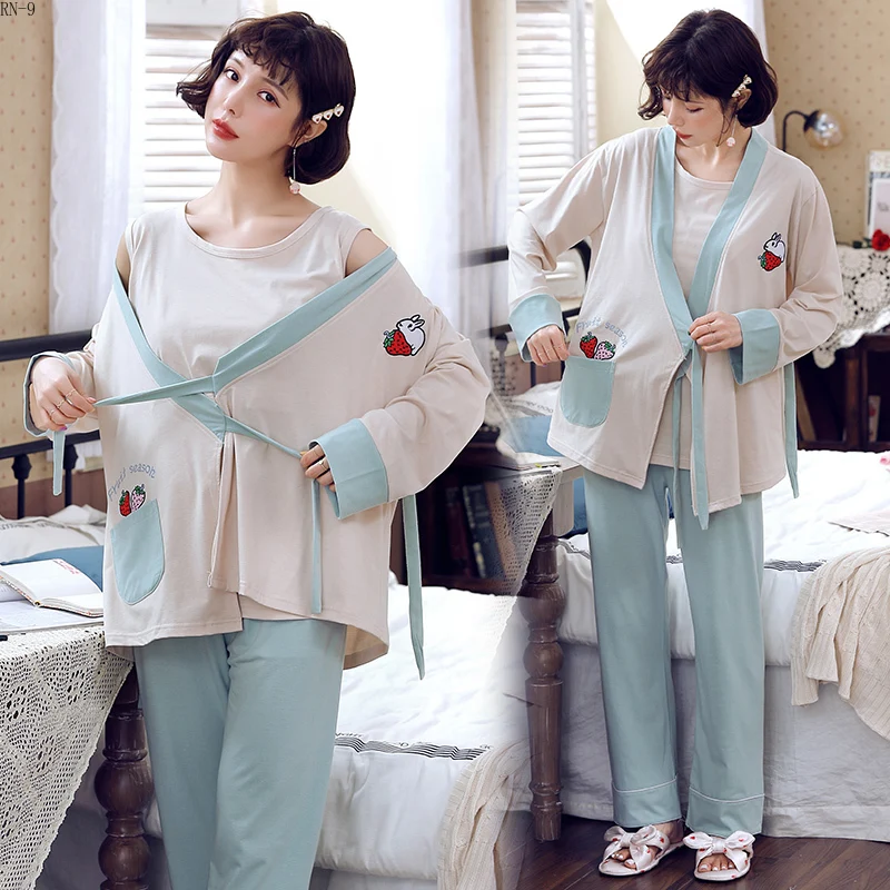 

Monthly Clothes Summer Postnatal Cotton Maternity Robe +sling Long Pants Set Women Maternity Pajamas Nursing Pregnancy Pijama