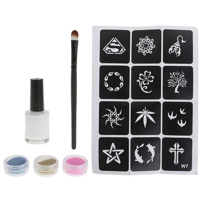 

Temporary Tattoo Shimmer Glitter Powders Stencils Brush Glue Kit Body Art Supply
