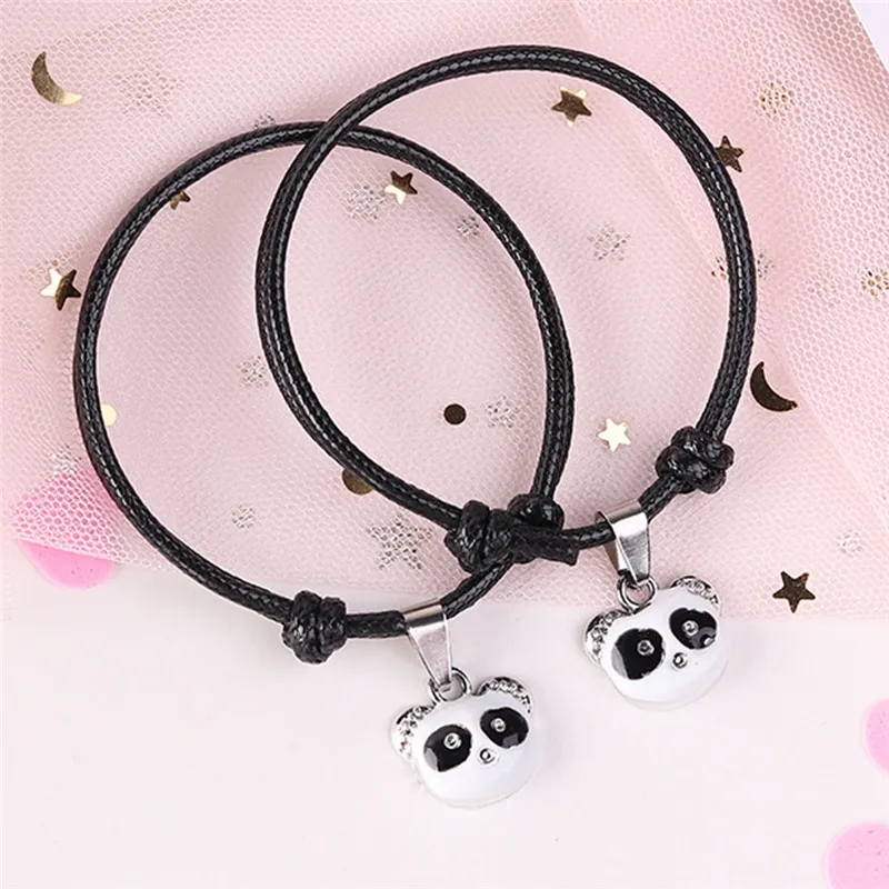 

PINKSEE 2pcs PU Leather Bracelets Set With 5 Styles Panda Star Lock Key LOVE Pendants For Men Women Wristband Jewelry