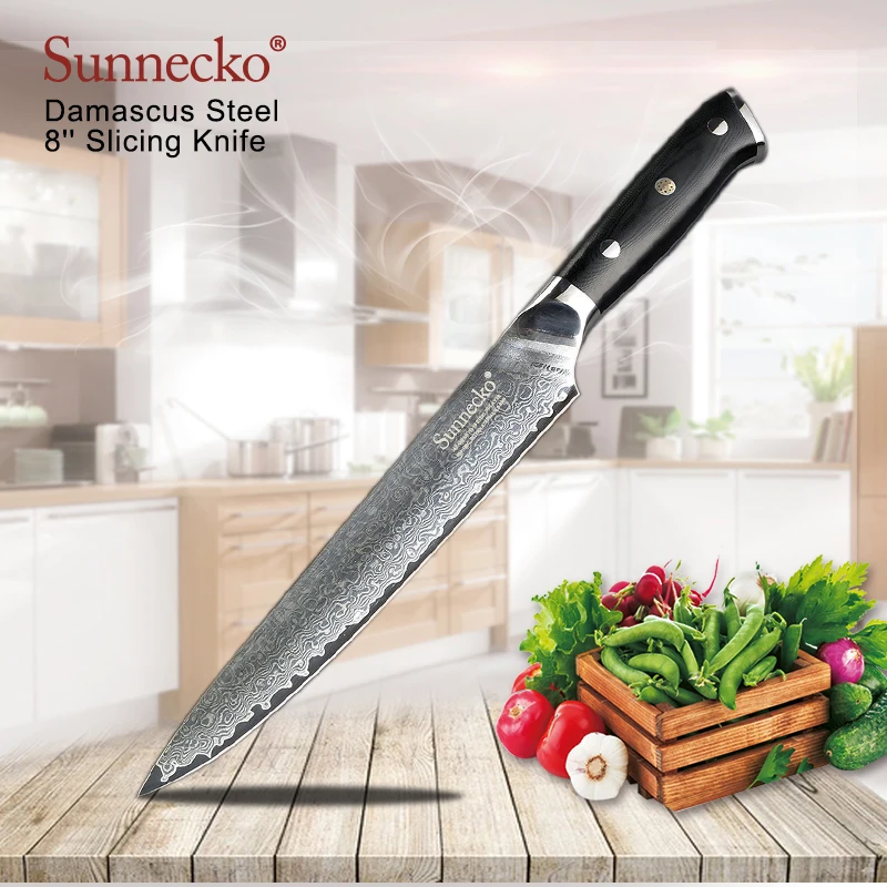 

SUNNECKO High Quality 8" Slicing Knives Damascus Steel Sharp Blade Japanese Kitchen Knives G10 Handle Meat Slicer Cutter Knife