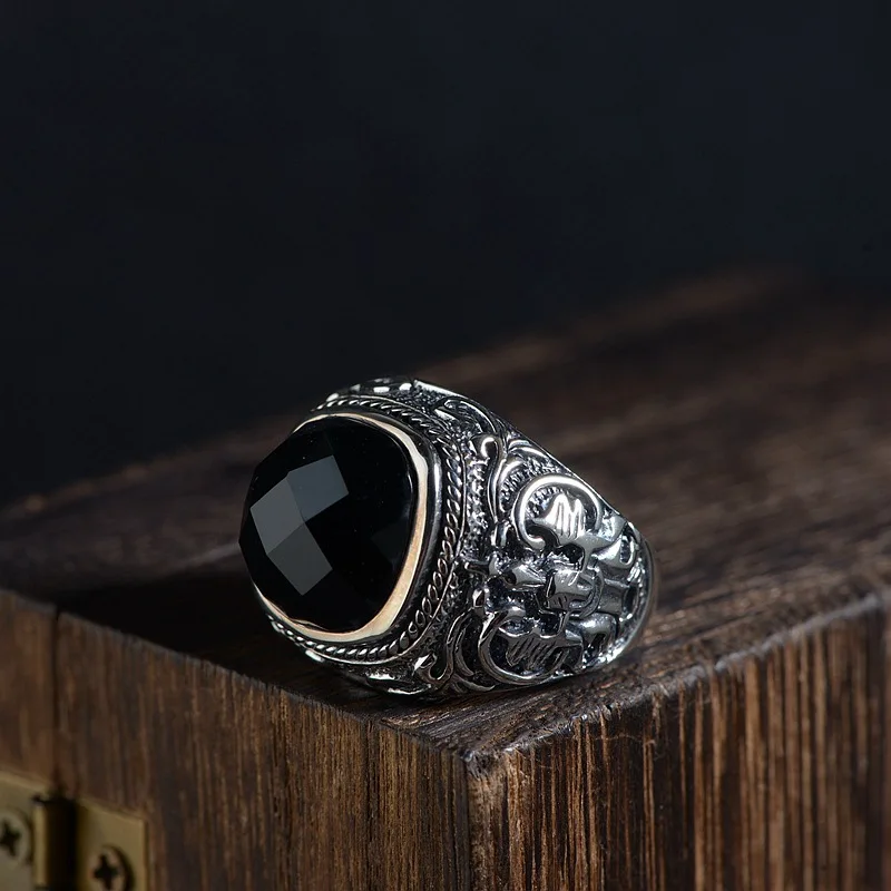 

Men natural stone rings S925 silver inlay to restore ancient ways do old process paragraphs male square rings classic fashion