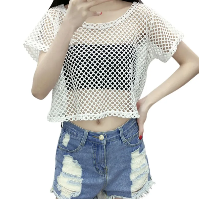 Модный Топ ажурная рубашка женские сетчатые Топы с коротким рукавом Обрезанные футболки