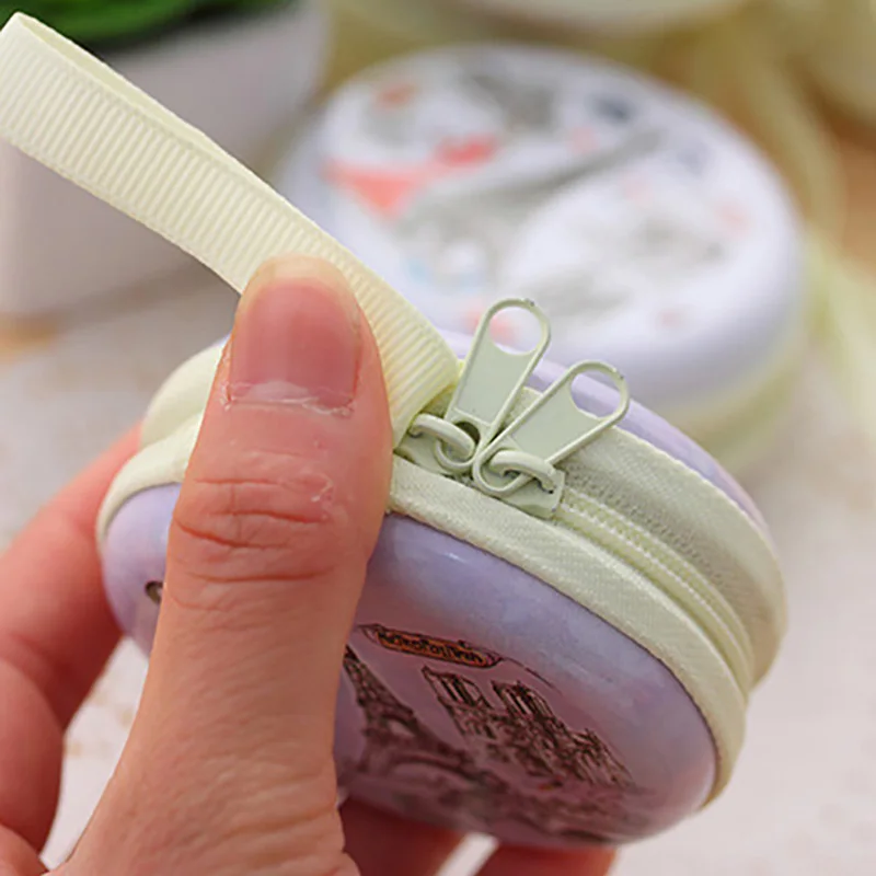 Portable Lovely Round Wallet Cartoon Eiffel Tower Earphone Key Holder Case Bag