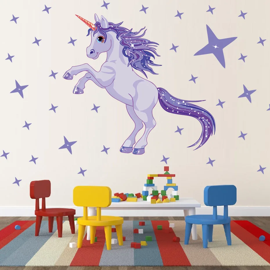Magic Unicorn Stars Wall Sticker Cartoon Animals Vinyl Wall Art Decals Nursery Wall Pictures For Kids Baby Bedroom Home Decor