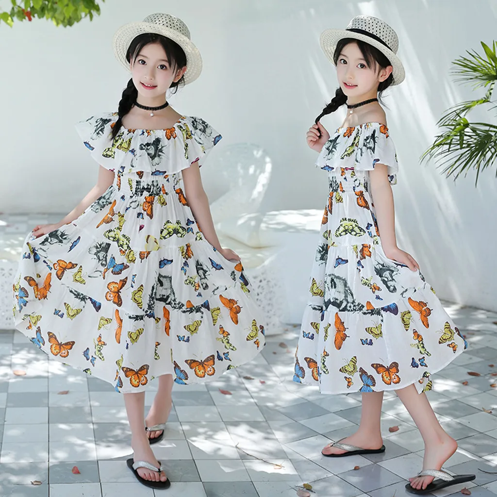Kids Dresses For Baby Girls Summer Floral Butterfly Ruched Princess Dress Child Girl Off Shoulder Ruffles Bohemian Party | Детская