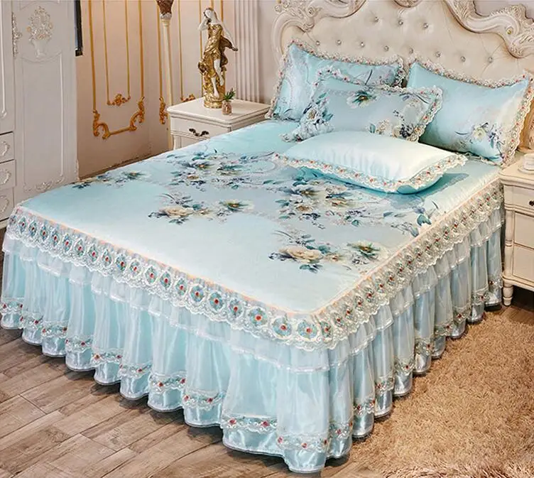 High quality luxury 3pcs summer cool bed mat lace skirted bed sheet ice bedspreads quality bed cover machine wash free shipping - Цвет: Style 3