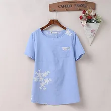 Плюс размер 4XL льняная хлопковая свободная Летняя женская футболка Новая повседневная Вышивка О-образным вырезом Кнопка короткий рукав женский топ