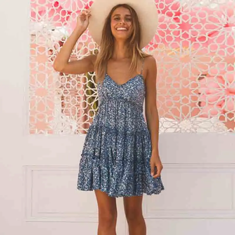 

Women clothes 2019 European and American Hanging Printed Dress Short dress for Seaside Holiday Beach party sexy top