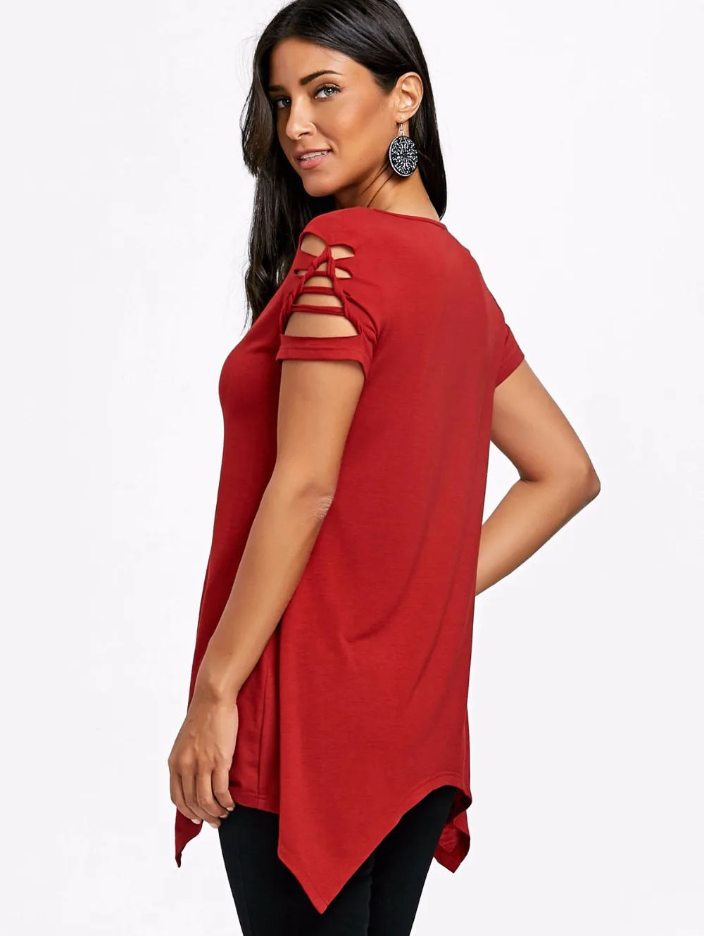 VESTLINDA Shredding Criss Cross T-Shirt Women Clothing Summer 2018 V Neck Short Sleeve Crescent Hem Cutout Tee Top Female Tshirt 10