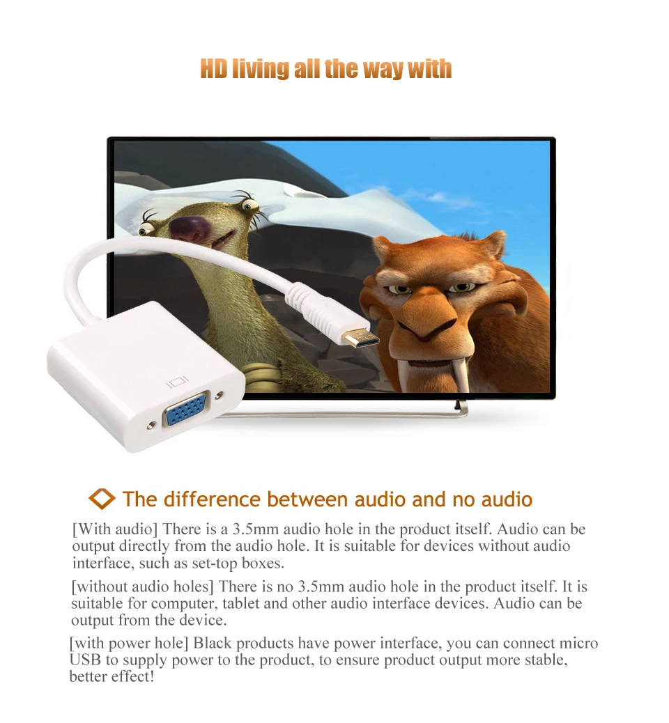 with Audio power supply mini HDMI to VGA video adapter converter cable line (4)