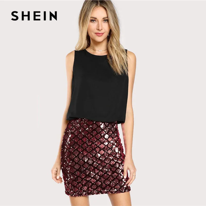 SHEIN Women Party Dresses Multicolor Sleeveless Zipper Back Contrast