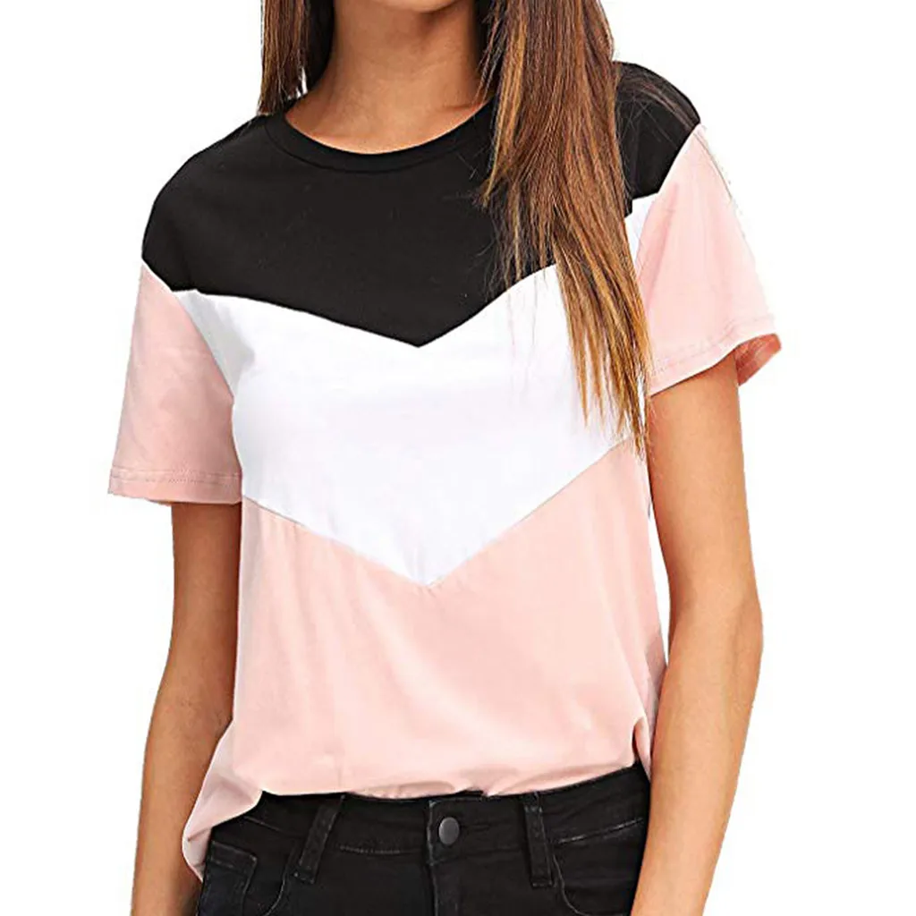 

2019 New Fashion T Shirts Patchwork Tops Tees Black Pink White Women's Color Block Short Sleeve Casual Tee Shirts Tunic Tops