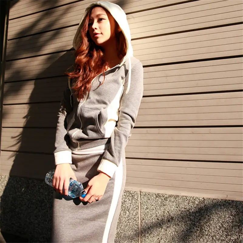 Woherb из двух частей комплект Повседневное спортивный костюм для Для женщин корейская уличная юбка комплект толстовка с капюшоном+ Юбки-карандаши длинная Jupe 20732