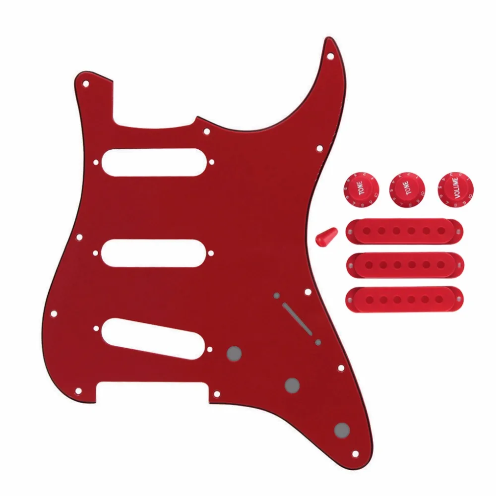 

FLEOR Set of 11 Holes Guitar Pickguard SSS 3Ply Red with Pickup Covers Volume Tone Knobs Switch Tip Electric Guitar Accessories