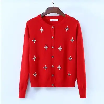 NiceMix, зимний элегантный кардиган с кристаллами и жемчужинами, женский тонкий вязаный кардиган, женские повседневные осенние свитера, пальто - Цвет: Красный