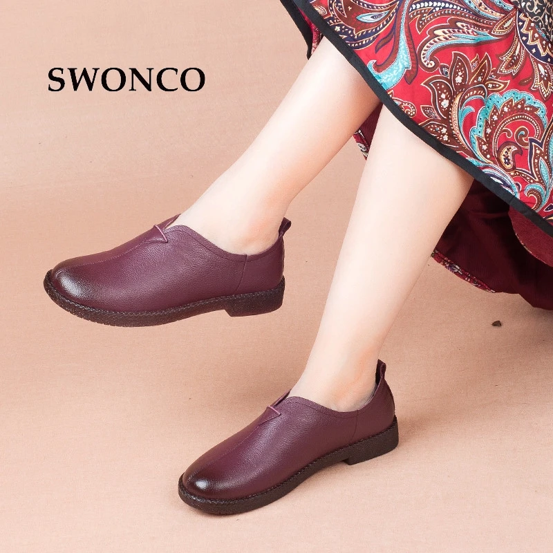 

SWONCO Women's Flats Shoes 2018 Winter Genuine Leather Shallow Handmade Ladies Shoe Women Shoes Winter Leather Woman Shoe