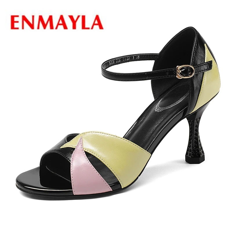 

ENMAYLA Buckle Strap Genuine Leather Casual Shoes Woman Women Heels High Heels Size 34-39 ZYL2431