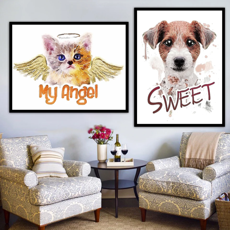 

Watercolor Cute Cat And Dog Painting Wall Art Nordic Canvas Poster Nursery Prints Animals Angel Pictures Kids Bedroom Home Decor