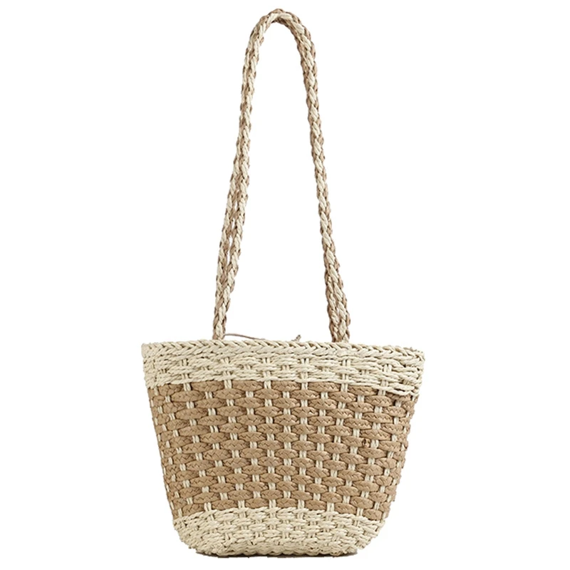 

Bohemian Beach Bag Colorblock Bucket One Shoulder Handmade Straw Bag
