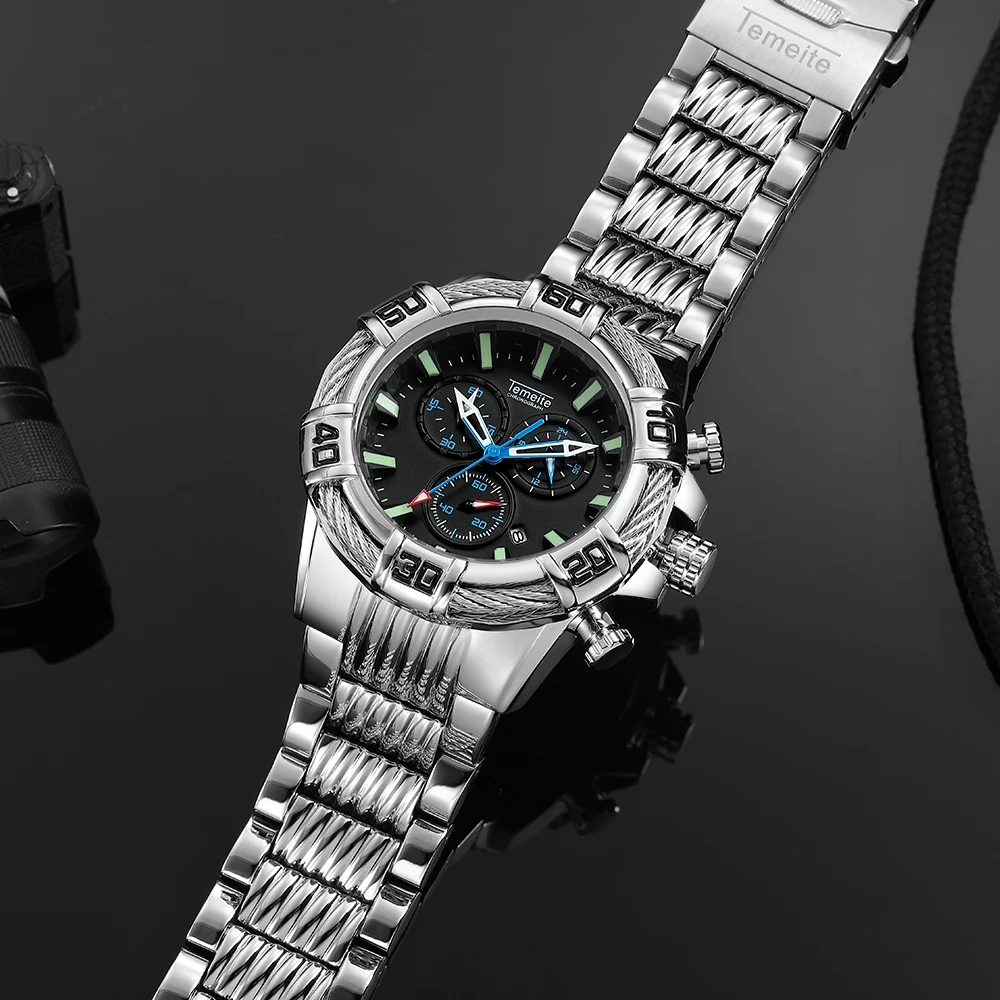 

TEMEITE Top Brand Luxury Dress Quartz Watch Men Stainless Steel Strap 3 Dials Chronograph Military Sports Wristwatches for Man