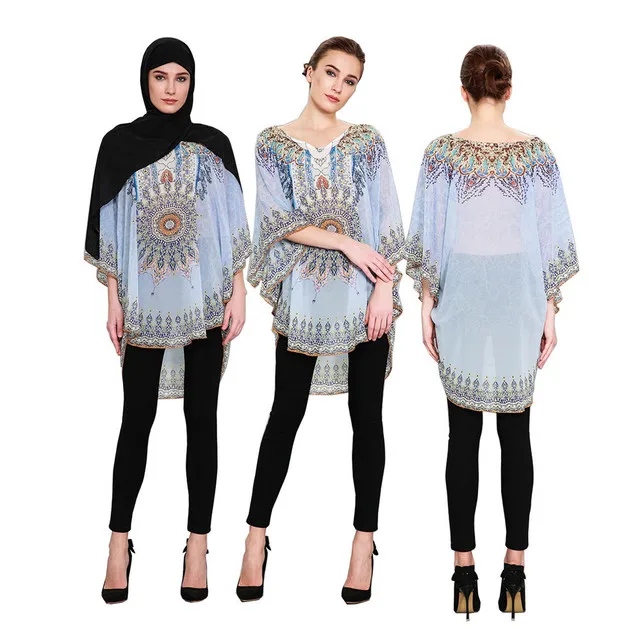 

Muslim Islamic Clothing Women Printed Tops and Blouse Shirt Ladies Chiffon Loose Fashion Casual Dubai Arab Middle East Wear Top