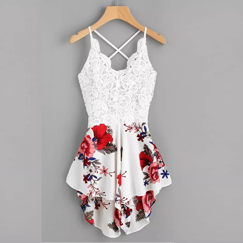 

Sexy Playsuit Women's Summer 2019 Bodysuits Crochet Lace Panel Bow Tie Back Florals Ladies Summer Shorts Jumpsuit Rompers Women