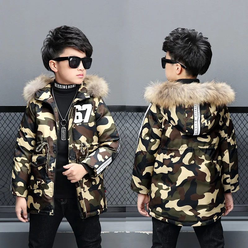 

2019 Fashion Camouflage Children's Cotton Jacket Long Thick Winter Coat Boy Kids Jackets for Boy Outerwear Hoodeds Fur Collar