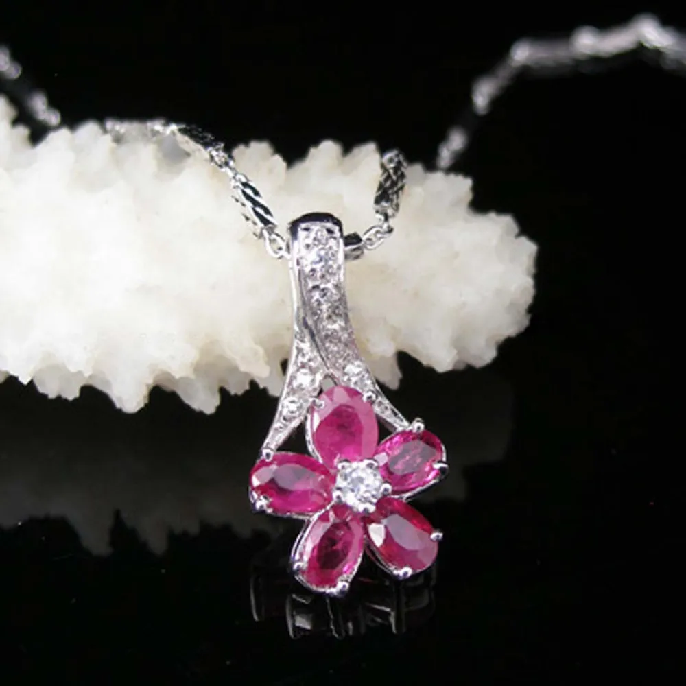 Collier Qi Xuan_Trendy jewelry_элегантный Красный камень цветок Necklaces_S925 Твердые серебряные