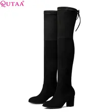 QUTAA/ г. Женские ботфорты модные зимние теплые сапоги на высоком квадратном каблуке с подкладкой из байки размеры 34-43