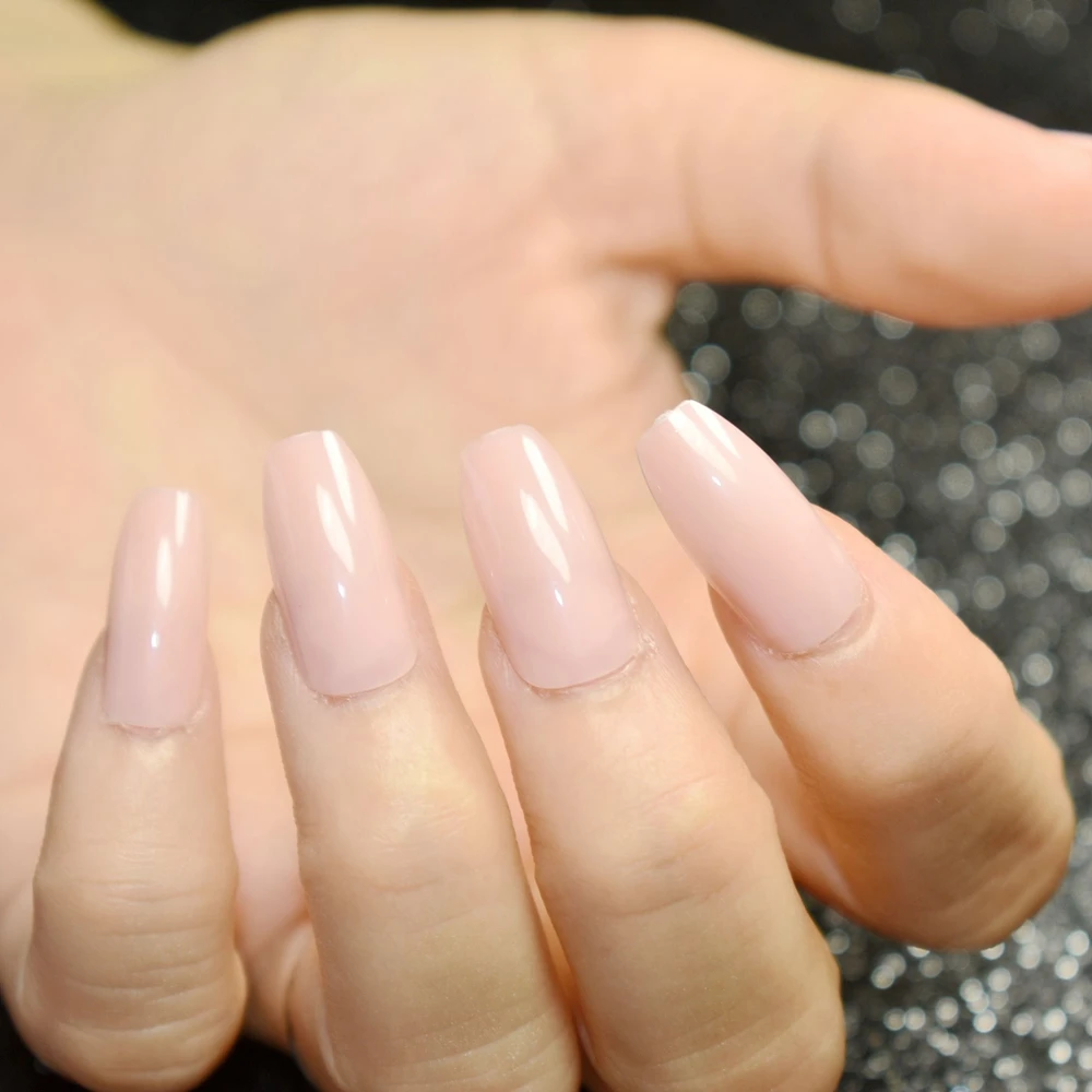 Pure Nude Candy Acrylic Nails Coffin Design Full Cover Flat Press