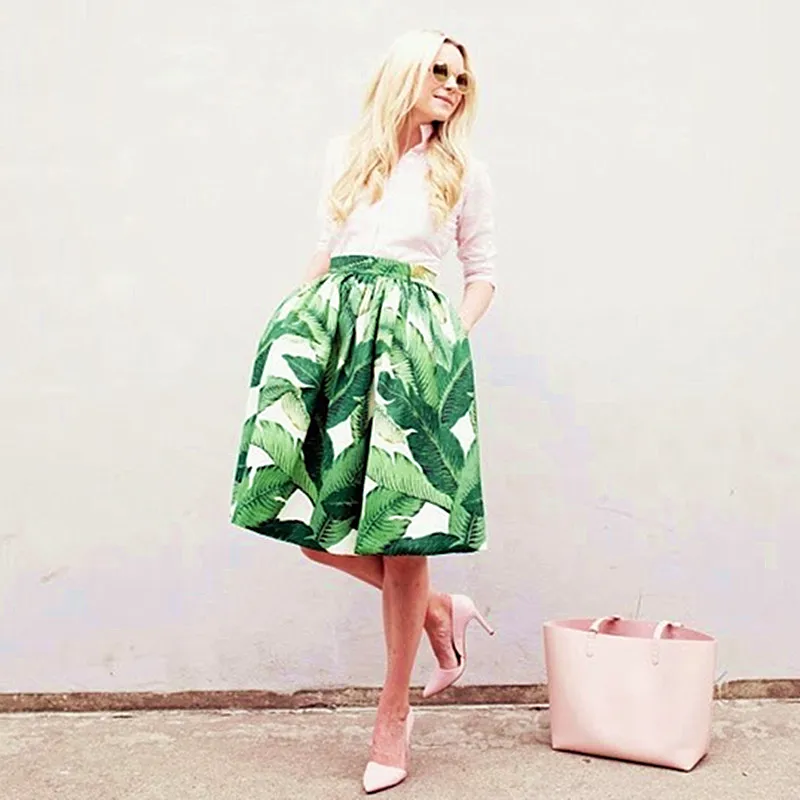 

35- women vintage 50s palm banana leaf print high waist swing midi skirt rockabilly pin up skirts plus size 4xl jupe falda