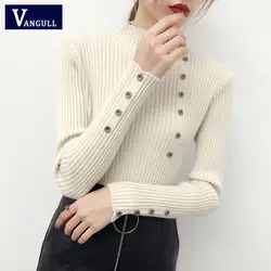 Vangull/свитер с высоким воротником на пуговицах, новый женский весенне-осенний однотонный вязаный пуловер, женский тонкий мягкий джемпер