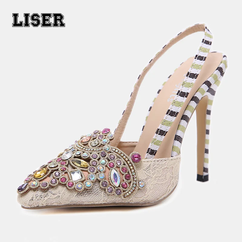

women's super high stiletto bohemian shoes slingbacks pointed toe slip on crystal shallow metal decoration embroider retro pumps