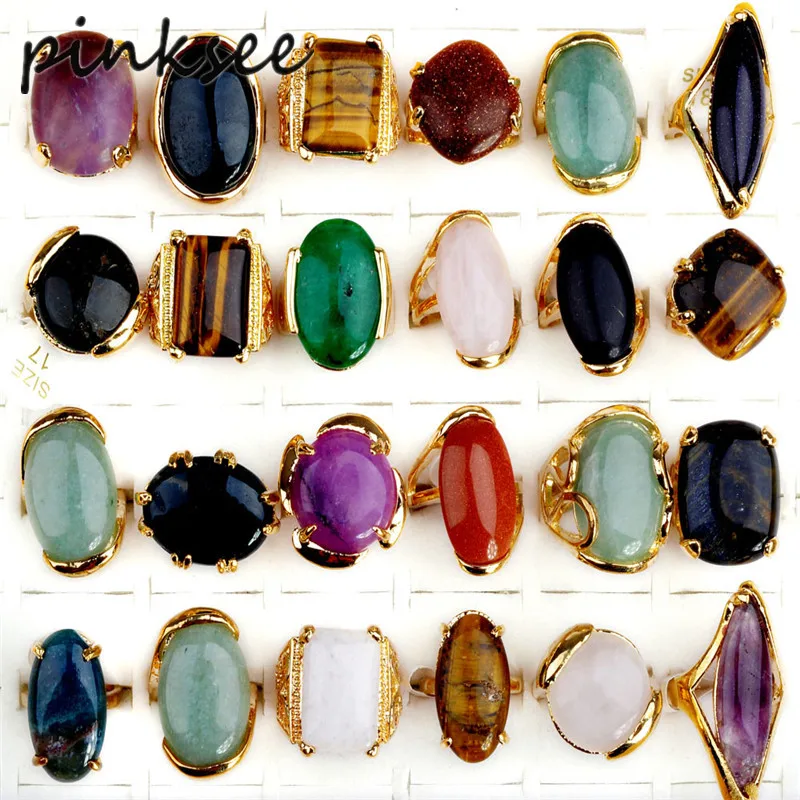 PINKSEE 5pcs/lot Mix Styles Gold Color Big Natural Stone Rings For