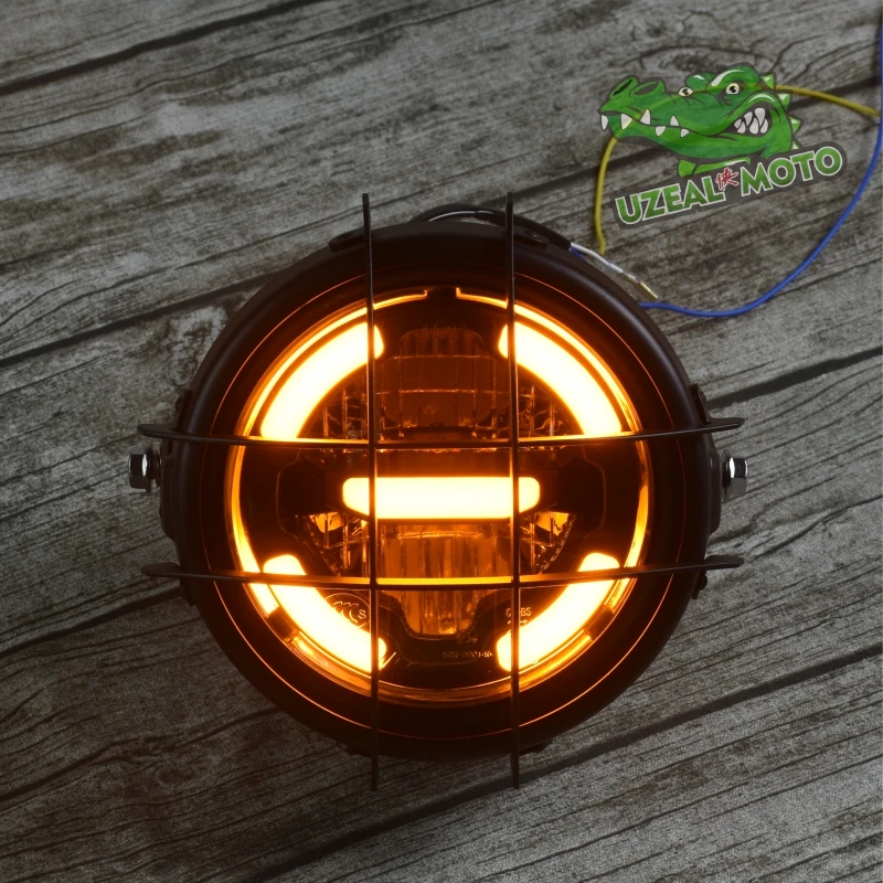  6.5inch universal Retro motorcycle modification LED headlight lamp with Guard Cover yellow driving  - 33042890726