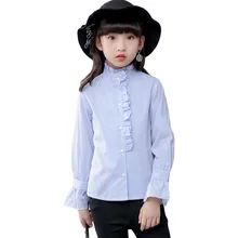 Блузка для девочек, рубашка, осенние детские блузки с расклешенными рукавами, полосатая однобортная Одежда для девочек, повседневная хлопковая Детская школьная блузка