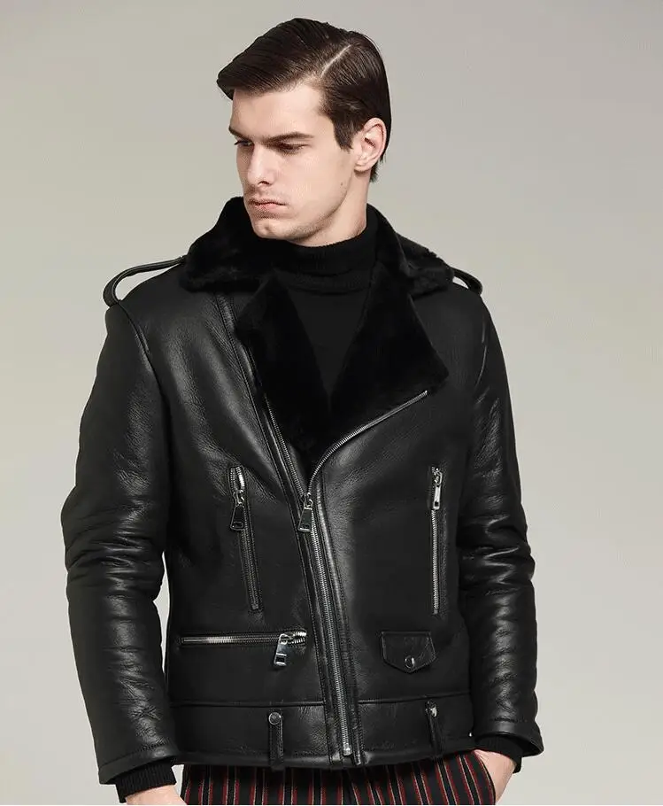 

New Genuine Leather Men's Fur one short leather jacket Thick warm original fur coat Sheepskin Diagonal zipper mens lether jacket