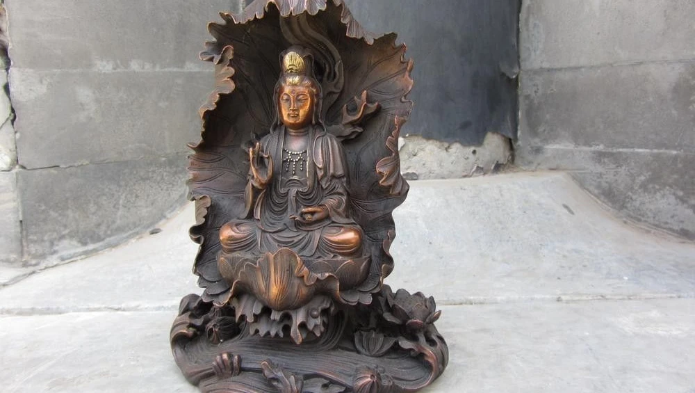 

7.5 Buddhism Red Copper Bronze Lotus leaf Guan Yin Kwan-yin Boddhisattva Statue